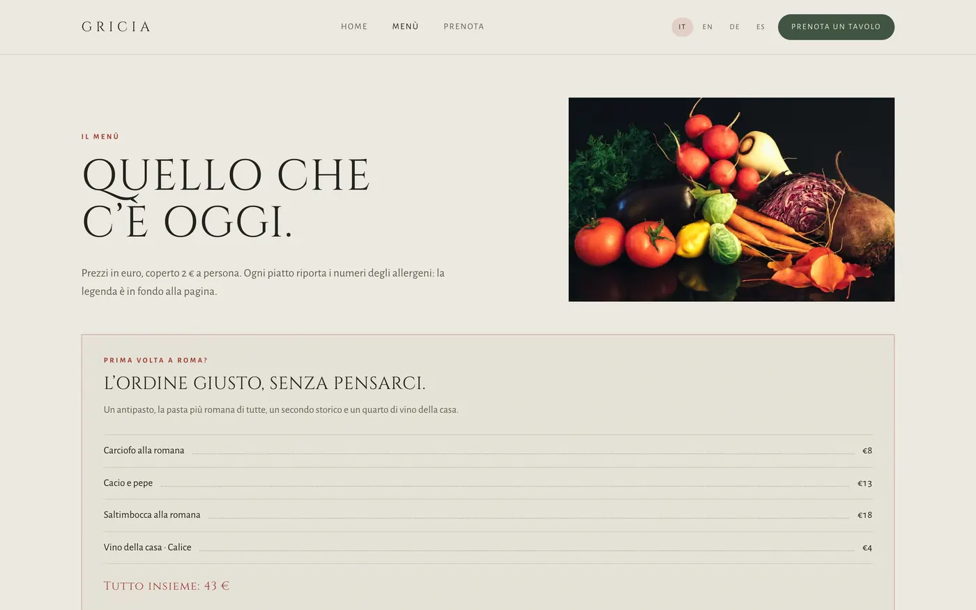 Gricia: schermata Menu