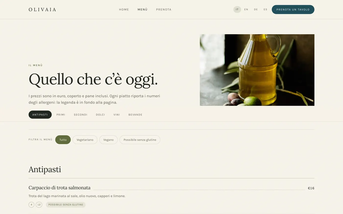 Olivaia: schermata Menu